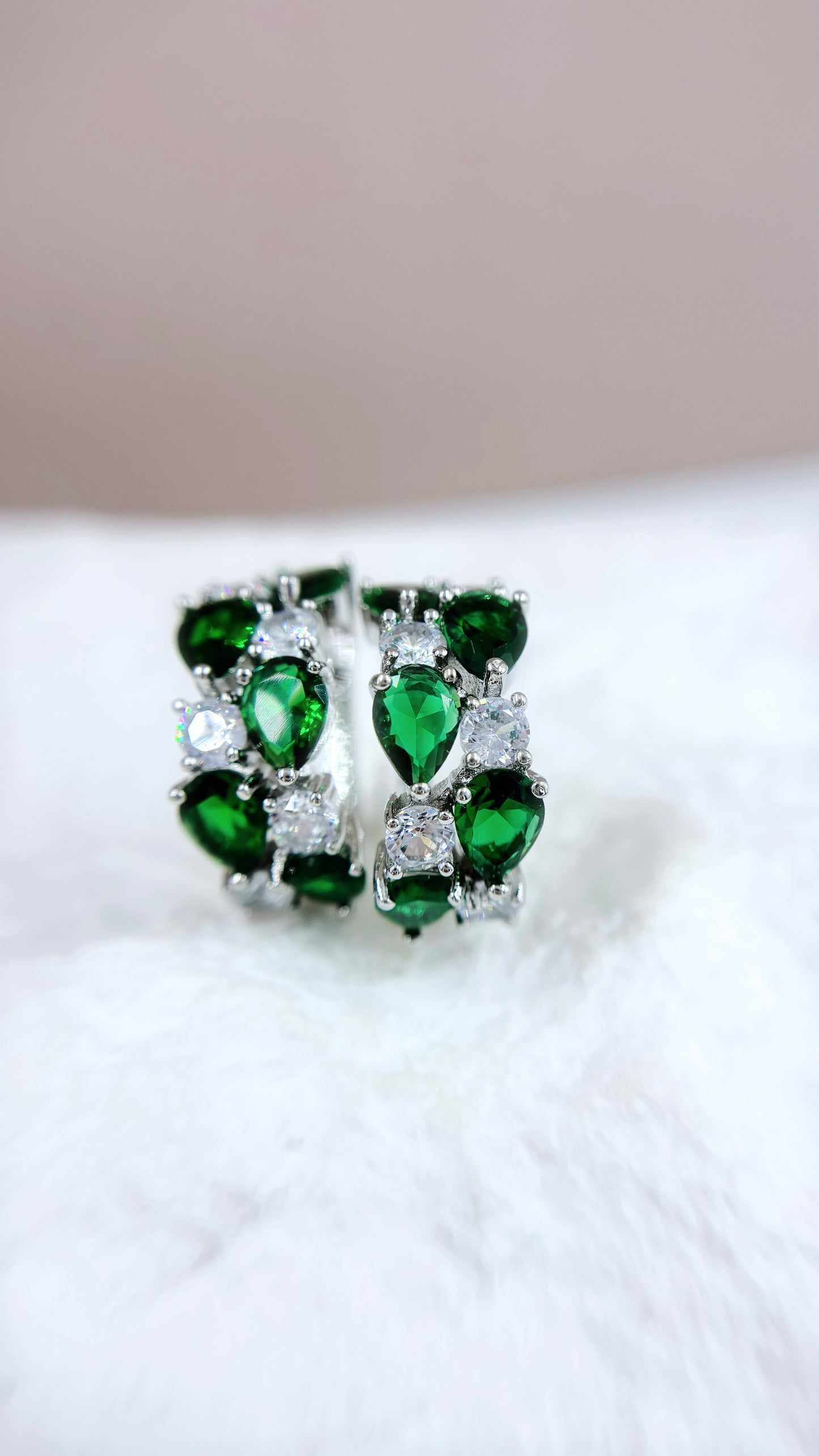 Multi Gem Ear Hoops - Emerald Green and White