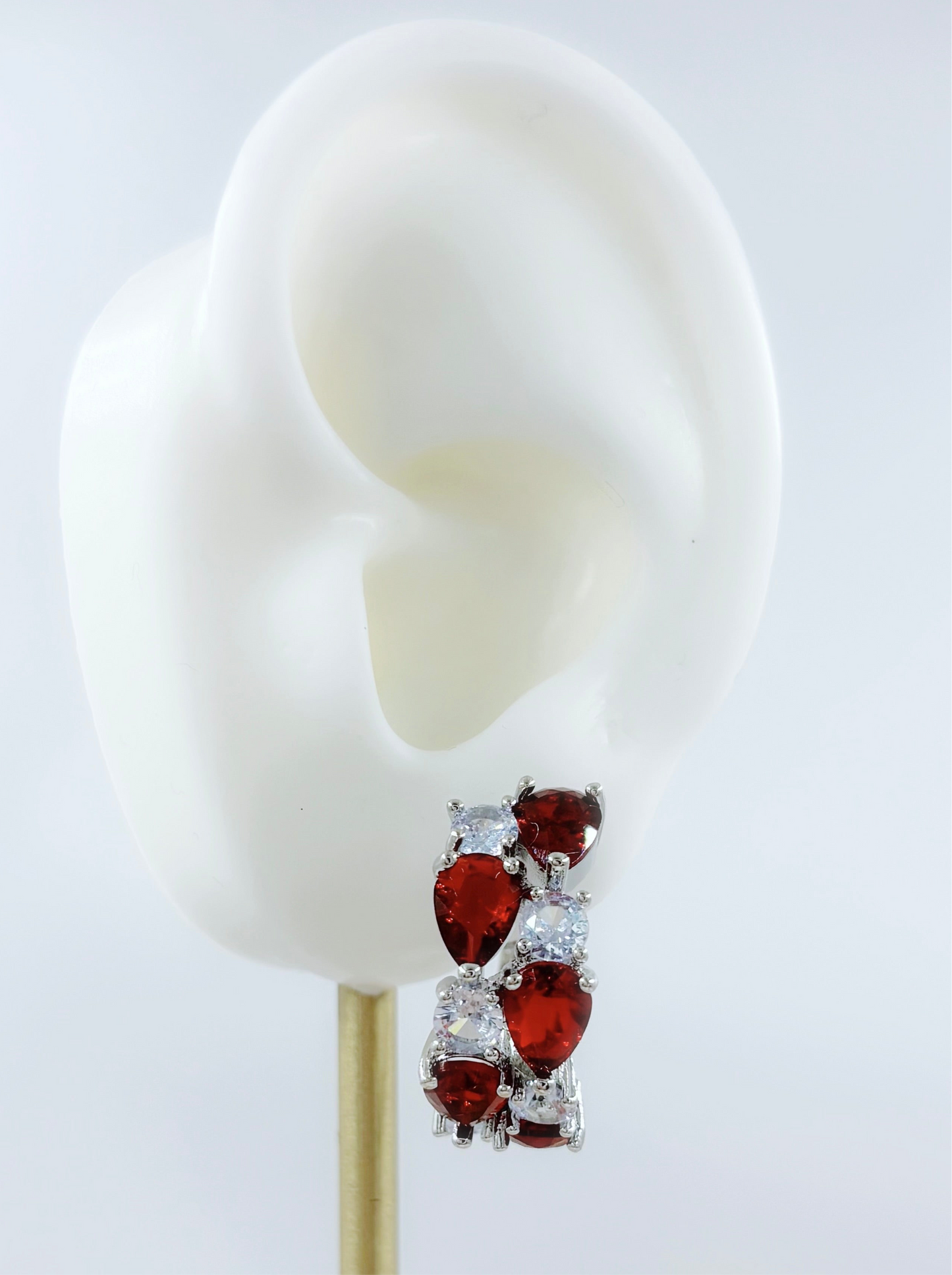Multi Gem Ear Hoops - Ruby Red & White