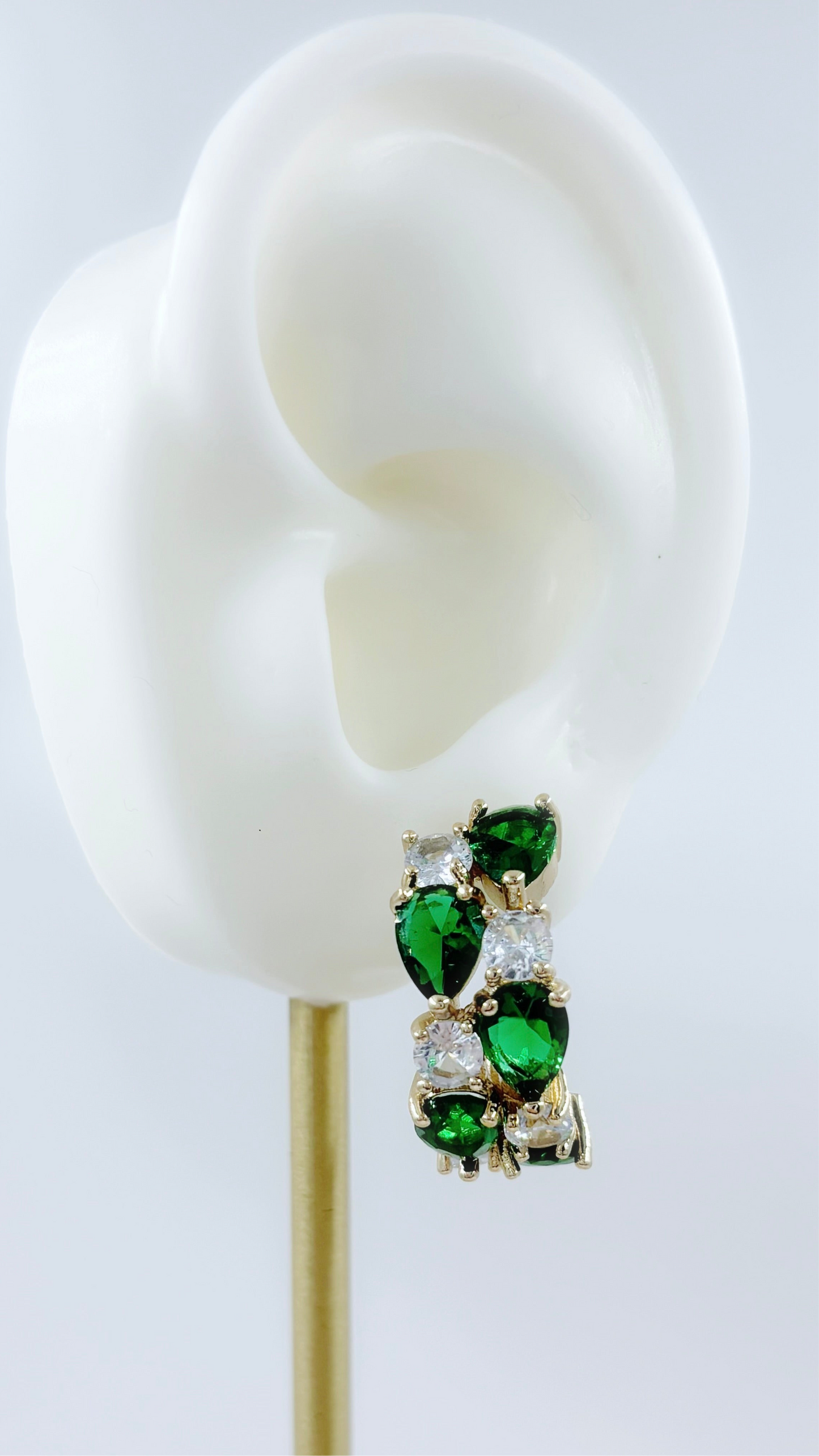 Multi Gem Ear Hoops - Emerald Green on Gold