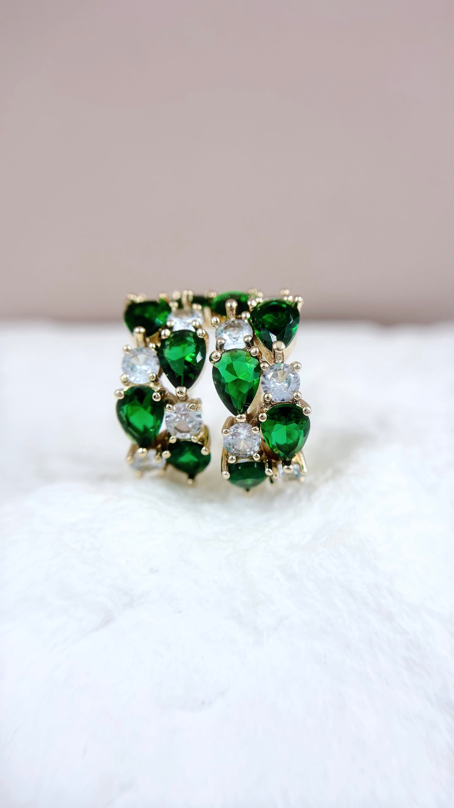 Multi Gem Ear Hoops - Emerald Green on Gold