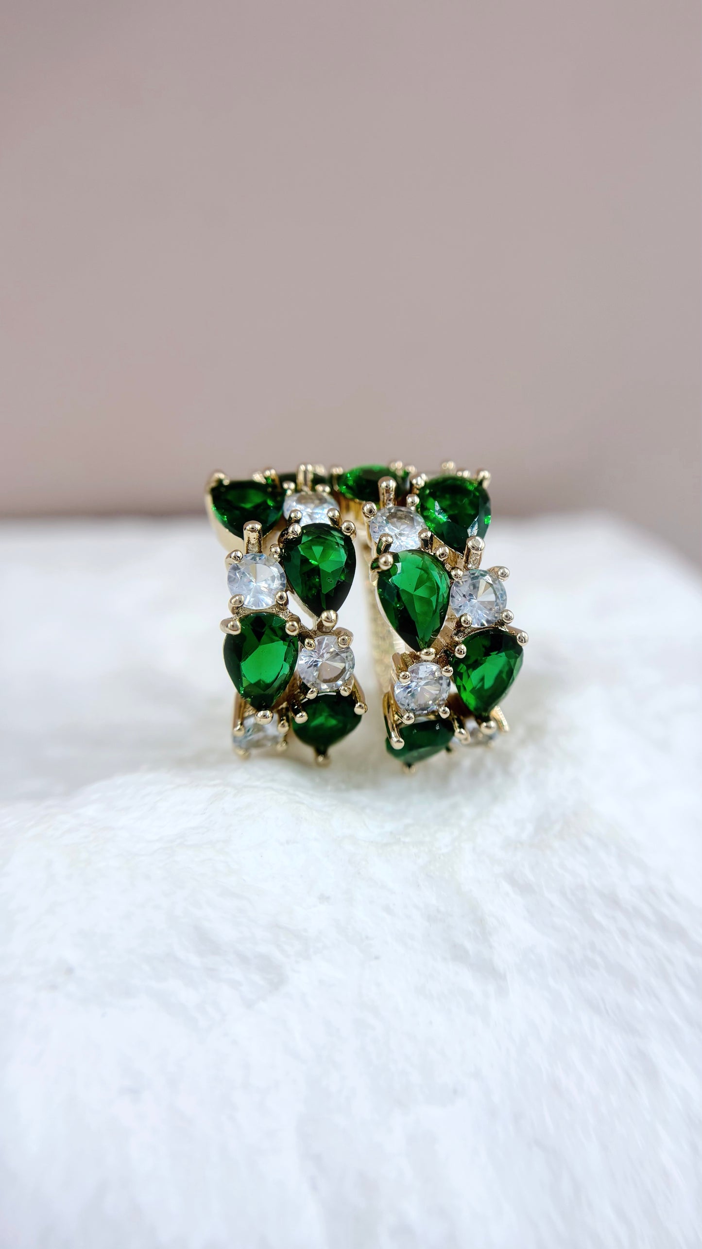Multi Gem Ear Hoops - Emerald Green on Gold