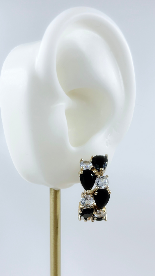 Multi Gem Ear Hoops - Onyx Black on Gold