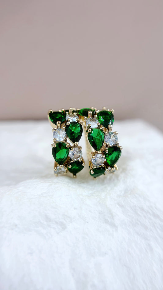 Multi Gem Ear Hoops - Emerald Green on Gold