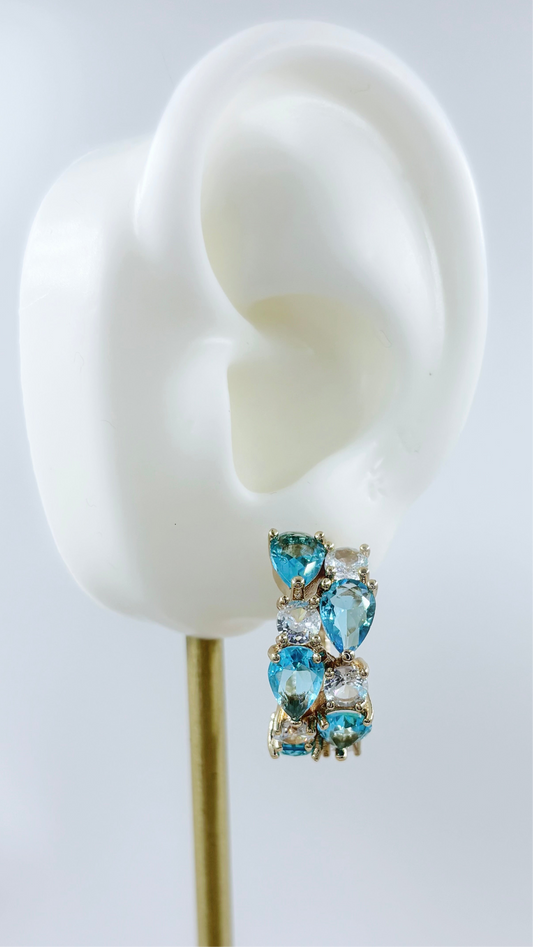 Multi Gem Ear Hoops - Turquoise Blue & White