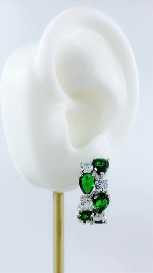Multi Gem Ear Hoops - Emerald Green and White